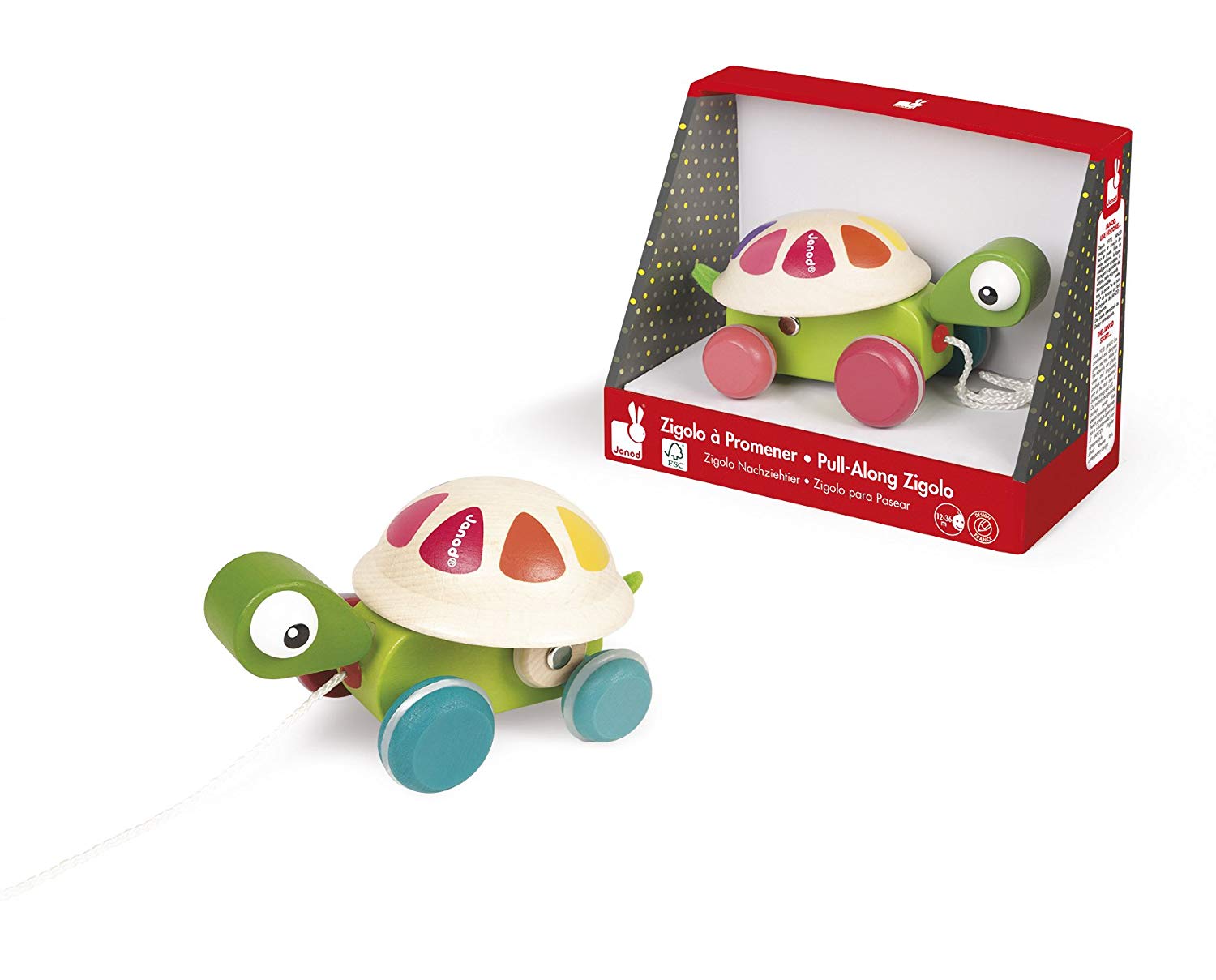 Janod, Wooden Walking Turtle, Rotating Shell + 50 cm String, Pull-Along Toy, Early Learning and First Age Toys - Image 4