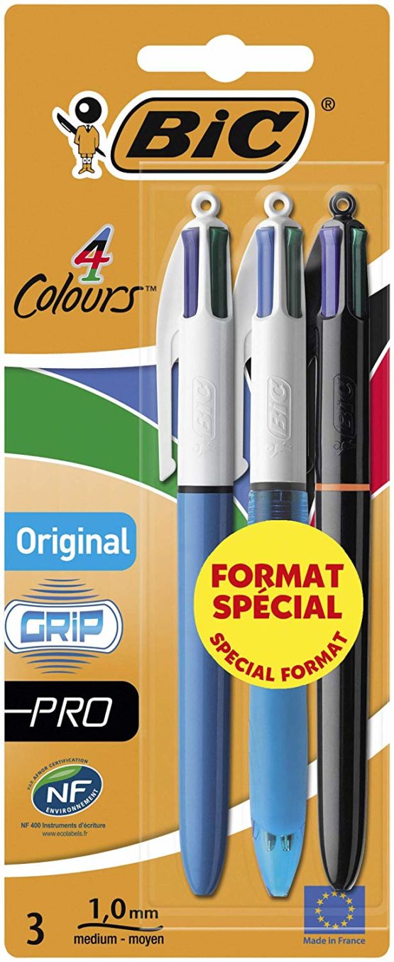 BIC 4 Colours Original Pens - Variety Pack of 3 - Includes Original, Grip and Pro 4 Colour Pens with 1.0 mm Tip