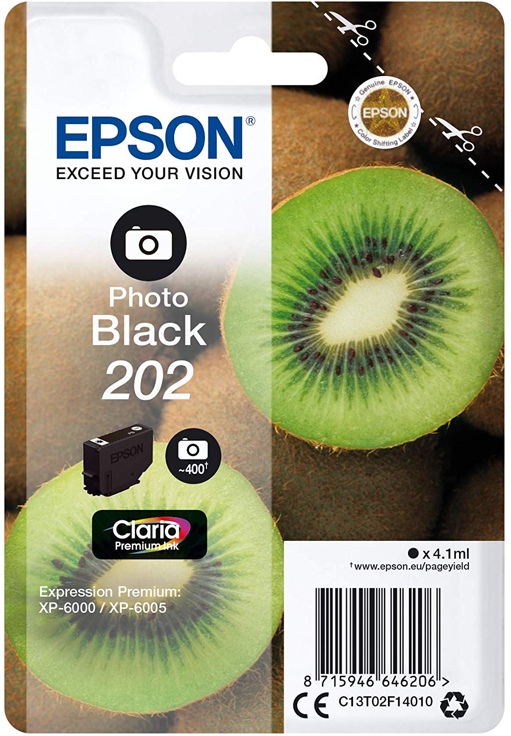 Epson 202 Photo Black Kiwi Genuine, Claria Premium Ink Cartridge, Standard Capacity