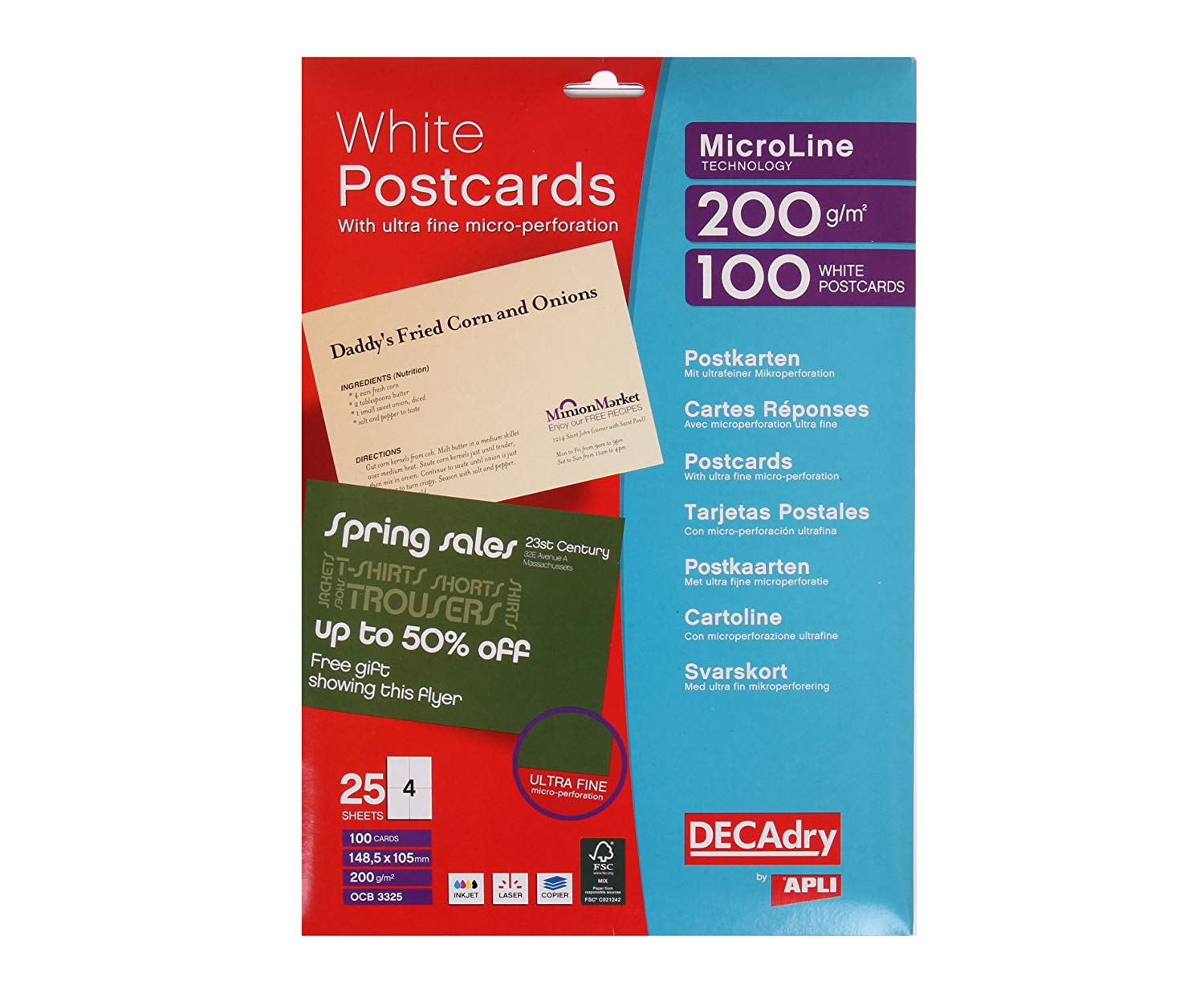 DECAdry White Postcards 200gsm Microperforated 4 per A4 Sheet 100 cards OCB 3325 