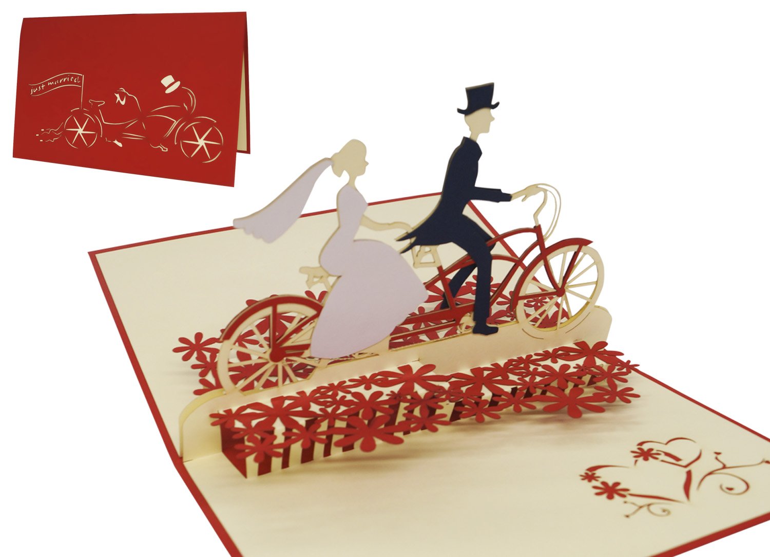LIN - Pop Up 3D Greeting Card for a wedding Bridal Couple on tandem, handmade, (#88), red, 4.5 x 6.7 inch