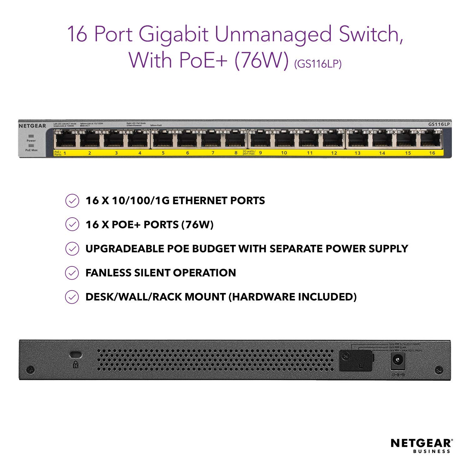 NETGEAR 16 Port PoE Gigabit Switch (GS116LP), Unmanaged Network Switch, 16 x PoE+ @ 76 W Upgradeable, Desktop - Image 2