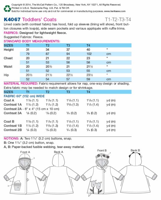 Kwik Sew Patterns K4067 OS Sizes T1-T2-T3-T4 Toddlers Coat - Image 2