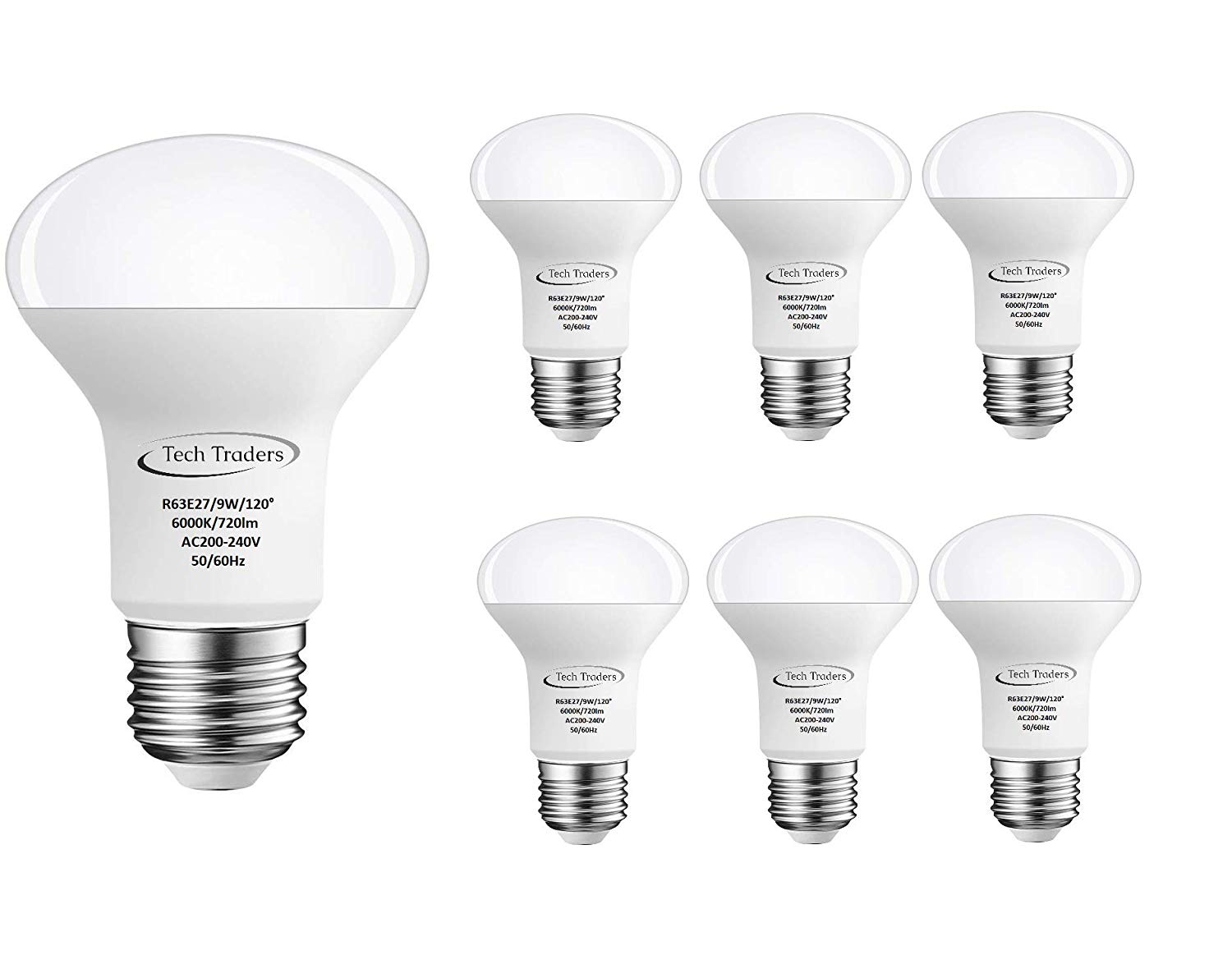 R63 Reflector E27 LED Spotlight Bulbs,9W 720Lm, Non-Dimmable, Cool White 6000K, Cool White(6000k), 6 Count (Pack of 1)
