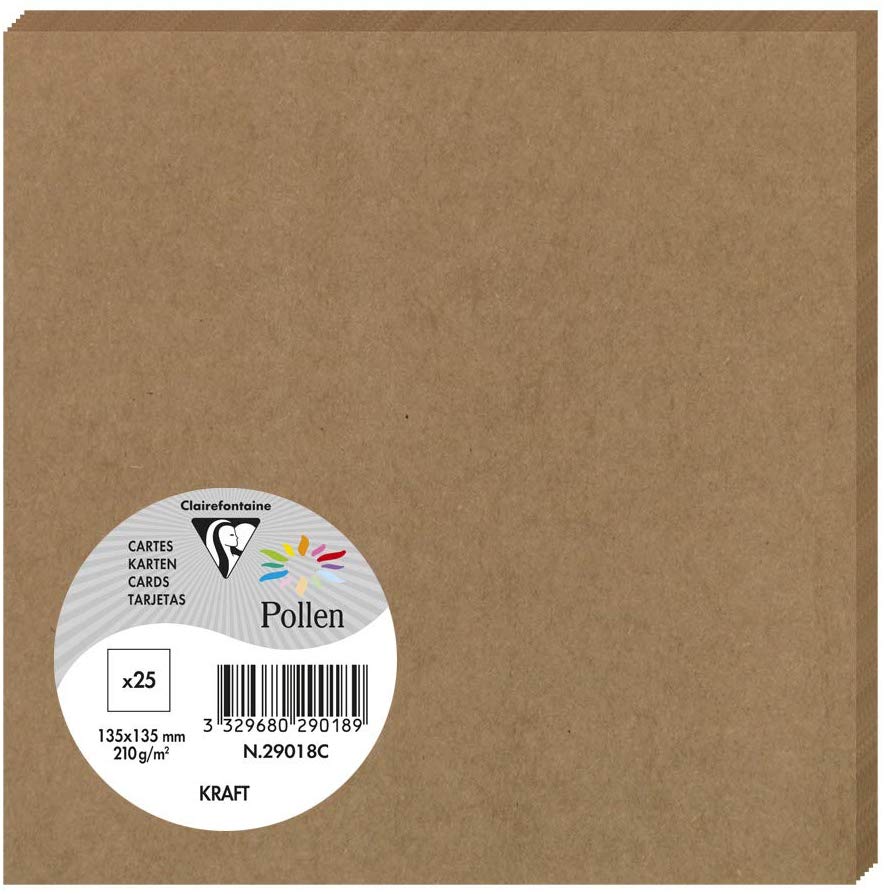 Clairefontaine 29018C Kraft Paper Pack of 25 Plain Cards Square (13.5x13.5cm) 210gsm Kraft Colour Invitation Events Correspondence Pollen Range Premium Paper
