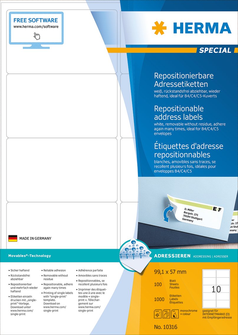 HERMA Self Adhesive Removable Labels, 10 Labels per A4 Sheet, 100 Sheets, 99.1 x 57 mm, 1000 Labels - Image 3
