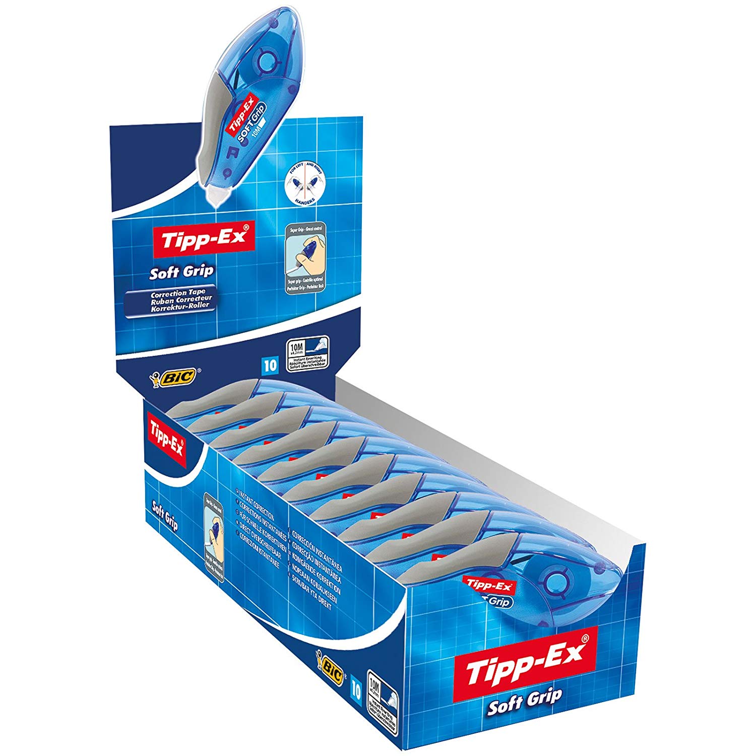 BIC Tipp-Ex Pocket Mouse Soft Grip, Correction Tape, 50m Coverage of Tear-Resistant Tape, White, Pack of 10