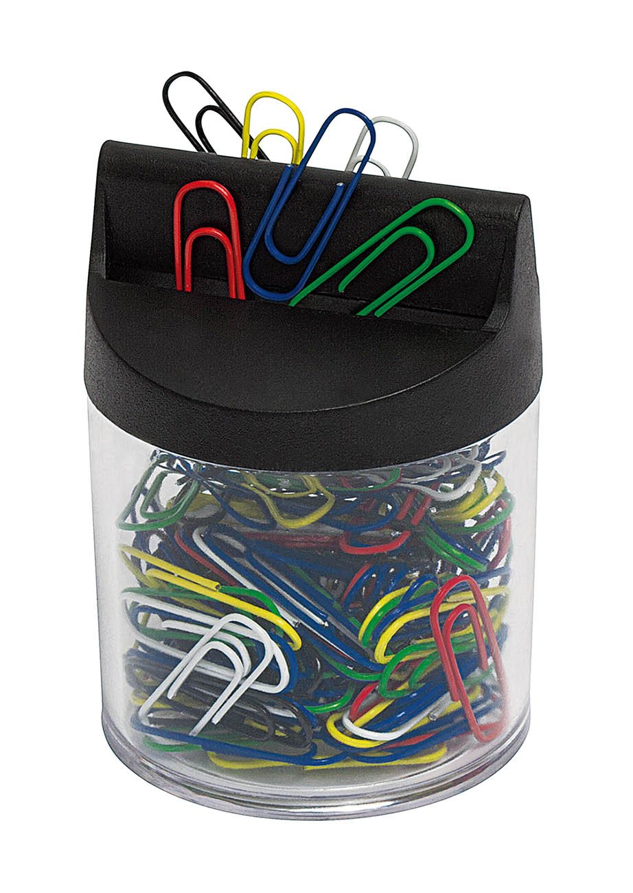 Wedo 2705199 Paper Clip Dispenser with Magnet Round Filled Cushion, 125 Paper Clips, Transparent, Colourful Clips, Spender
