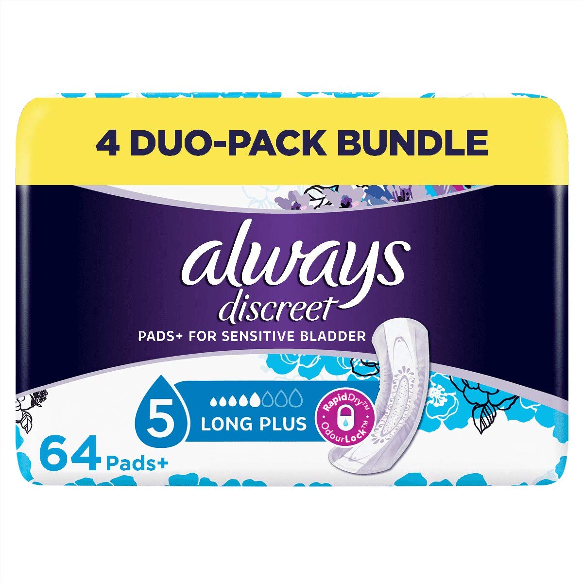 Always Discreet for Sensitive Bladder Long Plus Pads 64ct Ecommerce FFU, White, 64 Count (Pack of 1)