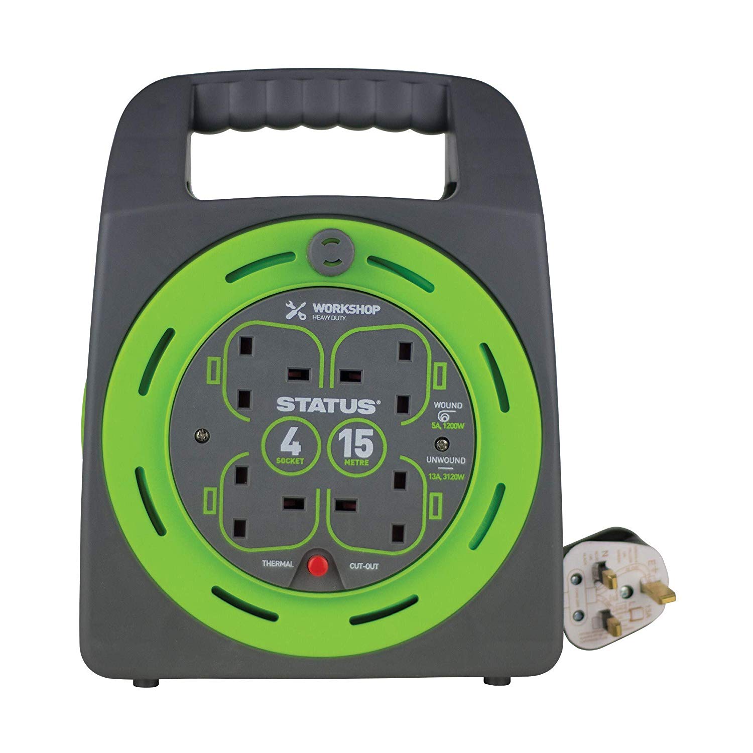 STATUS 4 Socket Cable Reel, 15m, Green, 13 Amp, Thermal Cut Out, Heavy Duty, Outdoor Extension Lead, Ideal for Garden DIY