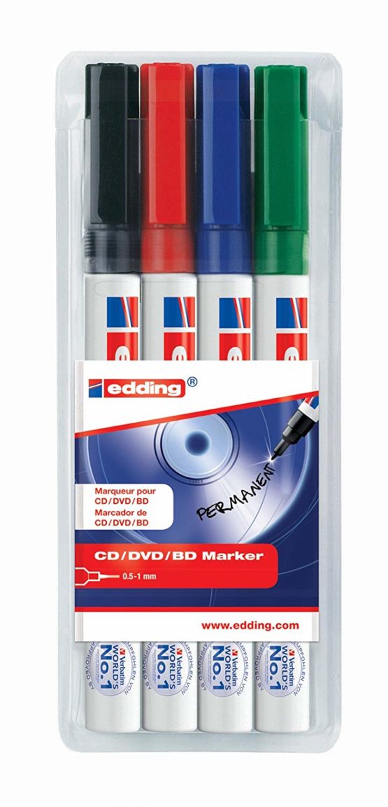 edding 8400 Cd/Dvd/Bd Marker - Multi-Coloured - 4 Pens - Fine Round Nib 0.5-1 mm - for Permanent Labelling of Cds, Dvds and Blu-Ray Discs