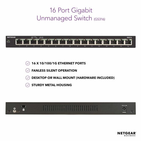 NETGEAR 16 Port Gigabit Ethernet Unmanaged Network Switch (GS316) - Desktop or Wall Mount, Silent Operation, Ethernet Splitter, Plug-and-Play - Image 2