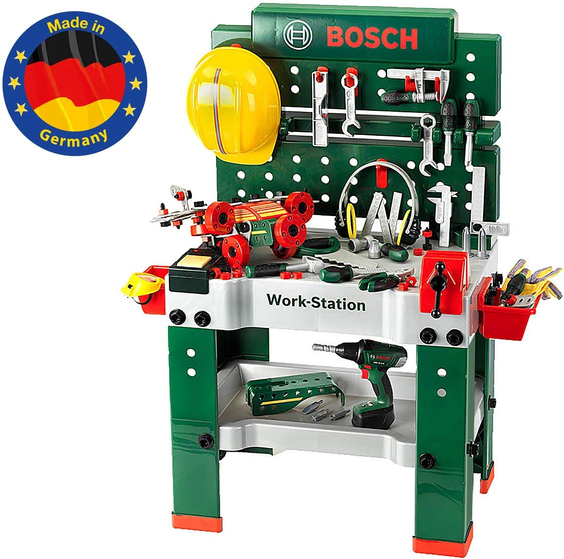 Theo Klein 8485 Bosch Workbench No. 1 I 150 Parts I Includes Cordless Screwdriver, Construction Set, Sander and Much More