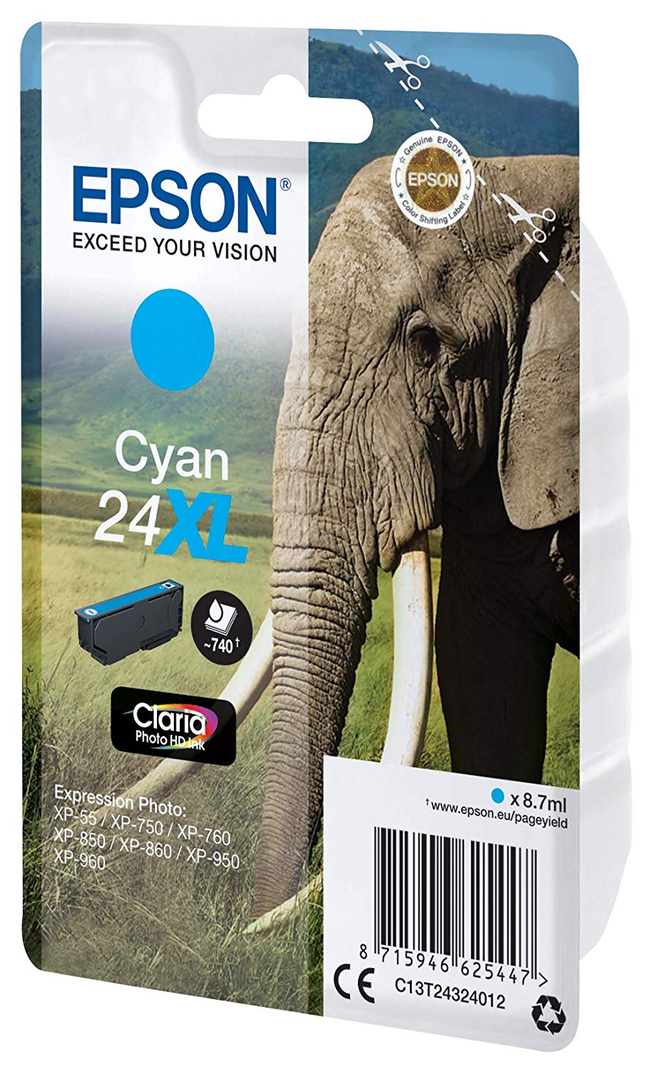 Epson 24XL Cyan Elephant High Yield Genuine, Claria Photo HD Ink Cartridge, XL High Capacity - Image 2