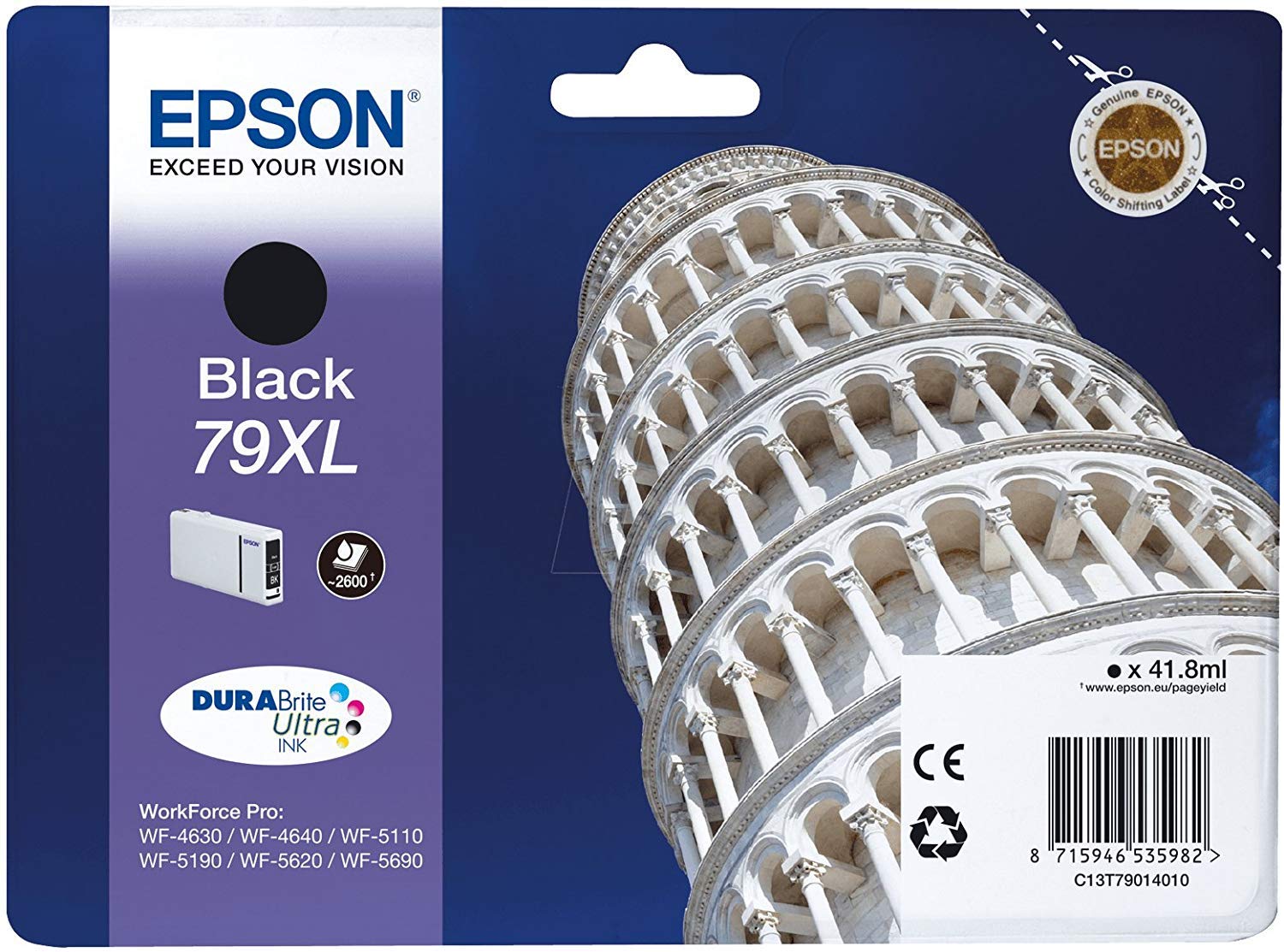 Epson 79XL Leaning Of Pisa Black Genuine, XL High Yield Ink Cartridge DuraBrite Ultra