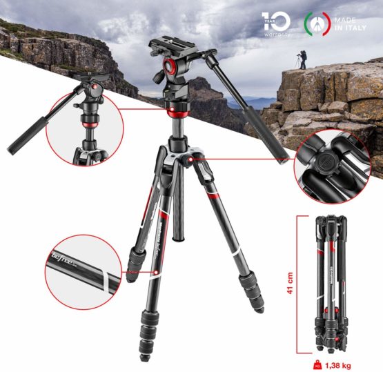 Manfrotto MVKBFRTC-LIVE Befree Live Travel Tripod, Twist Lock with MVH400AH Fluid Head for DSLR, Mirrorless, Compact and Video Cameras Up to 4 kg, Carbon Fiber