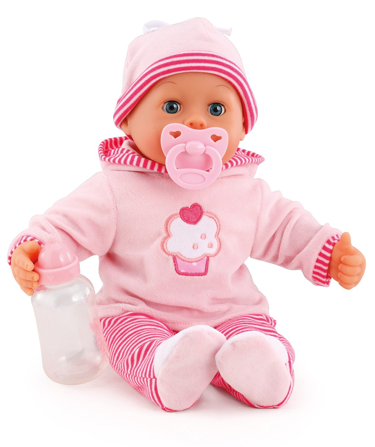 Bayer Design 93816AA Interactive baby doll, soft body, baby sounds, closing eyes, pacifier, bottle, 15 inch, pink with cupcake