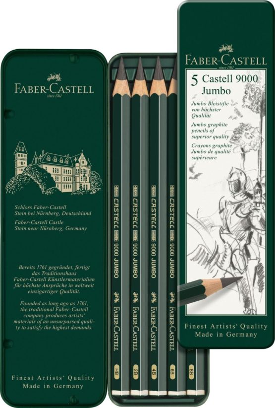 Faber-Castell 5 Piece Quality Castell 9000 Jumbo Graphite Pencils in a Tin, Including HB, 2B, 4B, 6B and 8B - Image 2
