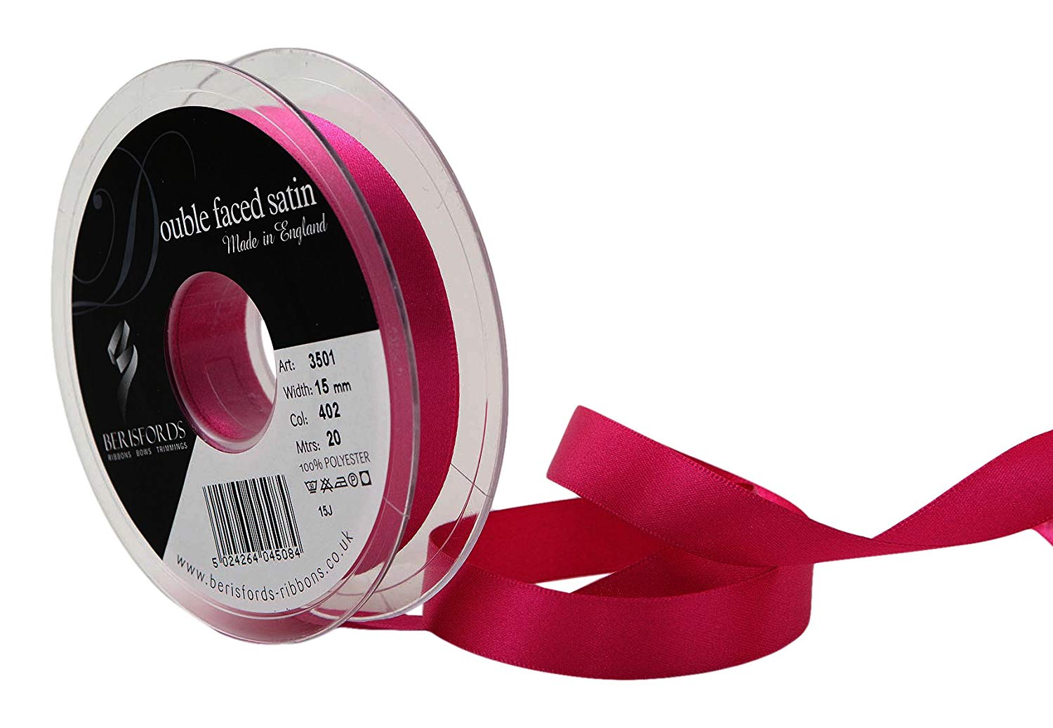 Berisfords Double FACE Poly Satin Ribbon, Fuchsia, 10.5x10.5x3 cm, 15 mm