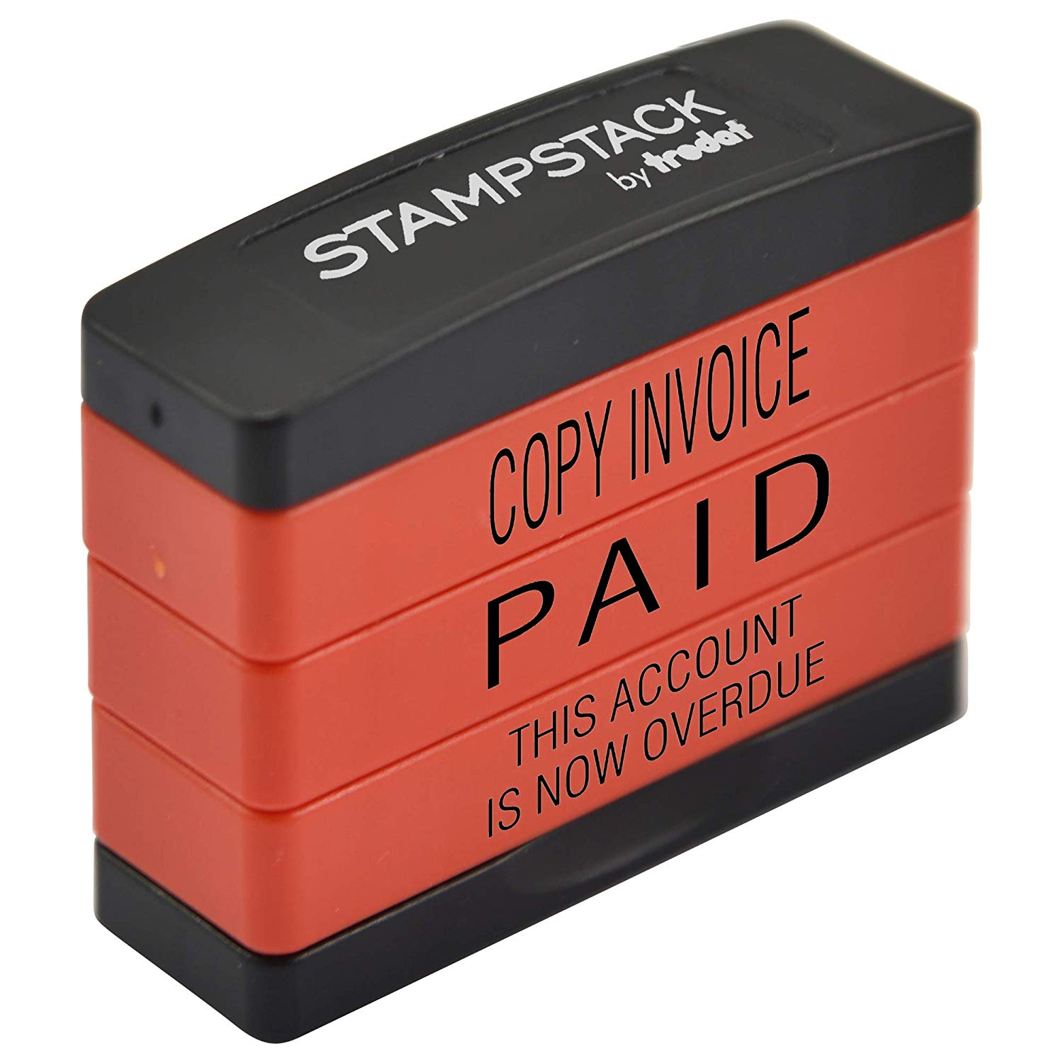 Trodat 3-in-1 Business Stamp Stack with texts COPY INVOICE - PAID - THIS ACCOUNT IS NOW OVERDUE, Red Body - Black Ink, 2 x 6 x 5,5