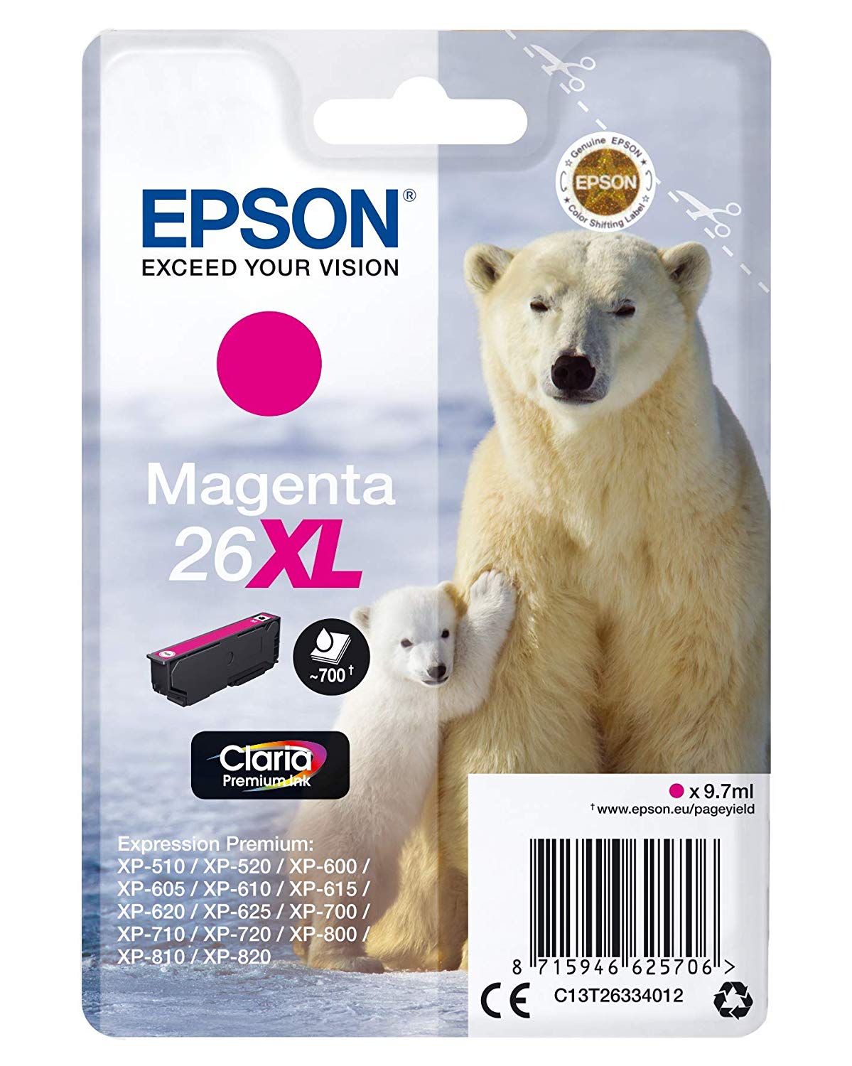 Epson 26XL Polar Bear Magenta High Yield Genuine, Claria Premium Ink Cartridge, XL High Capacity