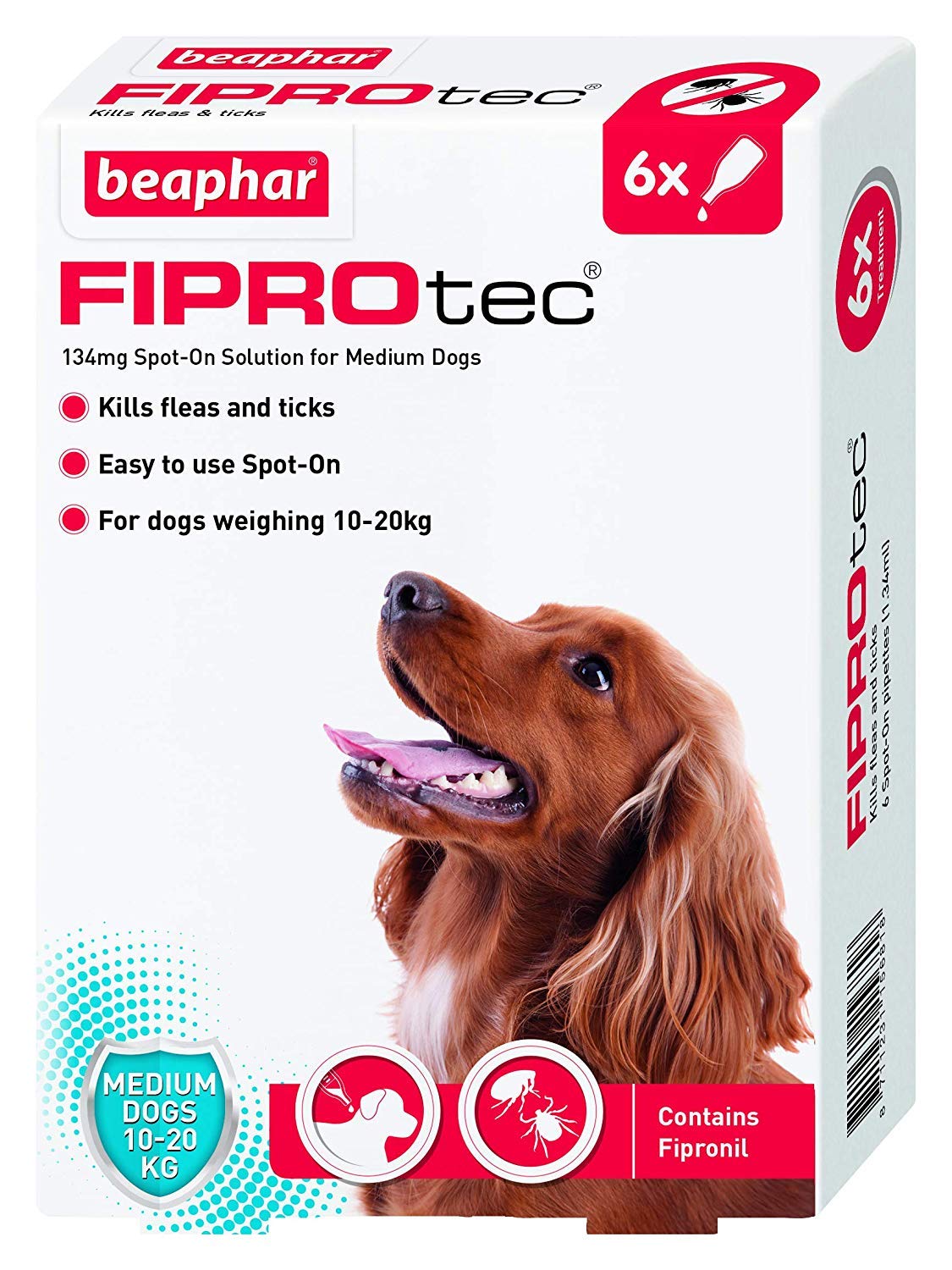 Beaphar, FIPROtec Spot-On Flea & Tick Treatment for Medium Dogs 10-20kg, 6 Pipettes, Kills Fleas & Ticks, Veterinary Medicine