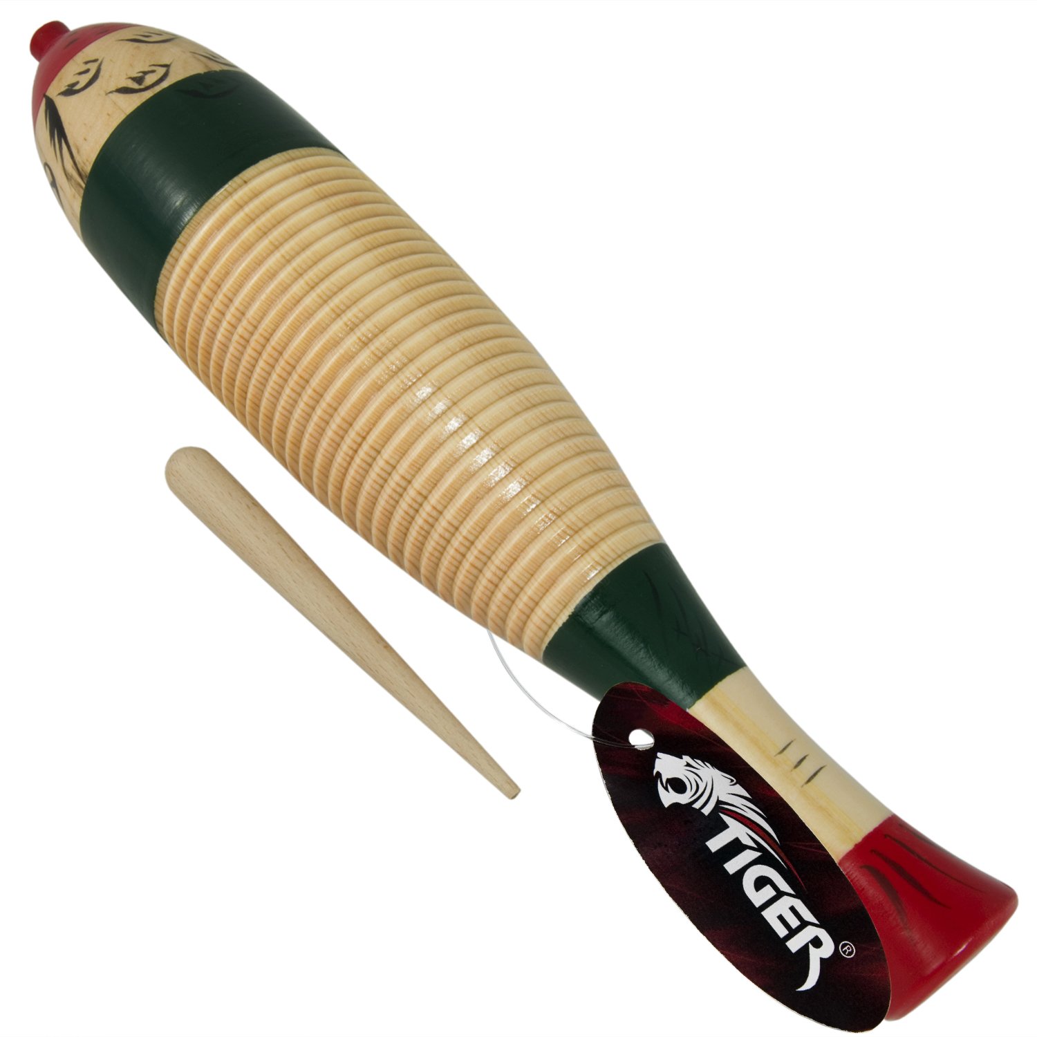 TIGER GUI7-NT Wooden Fish Guiro with Wooden Scraper/Beater - School Percussion Instrument, Multicolor
