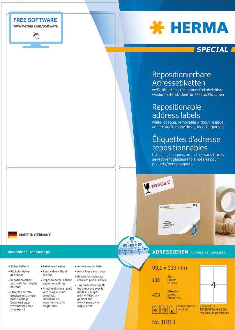 HERMA Self Adhesive Removable Labels, 4 Labels per A4 Sheet, 100 Sheets, 99.1 x 139 mm, 400 Labels - Image 3
