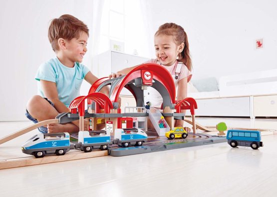 Hape Grand City Station | Wooden Pretend Play Railway Set with Projector and Recorder | For Kids - Image 2