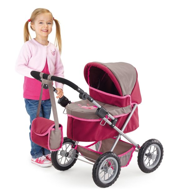 Bayer Design 13078AA Dolls Pram Trendy, Foldable, Height-Adjustable Handle, with Shoulder Bag, Pink and Brown - Image 3