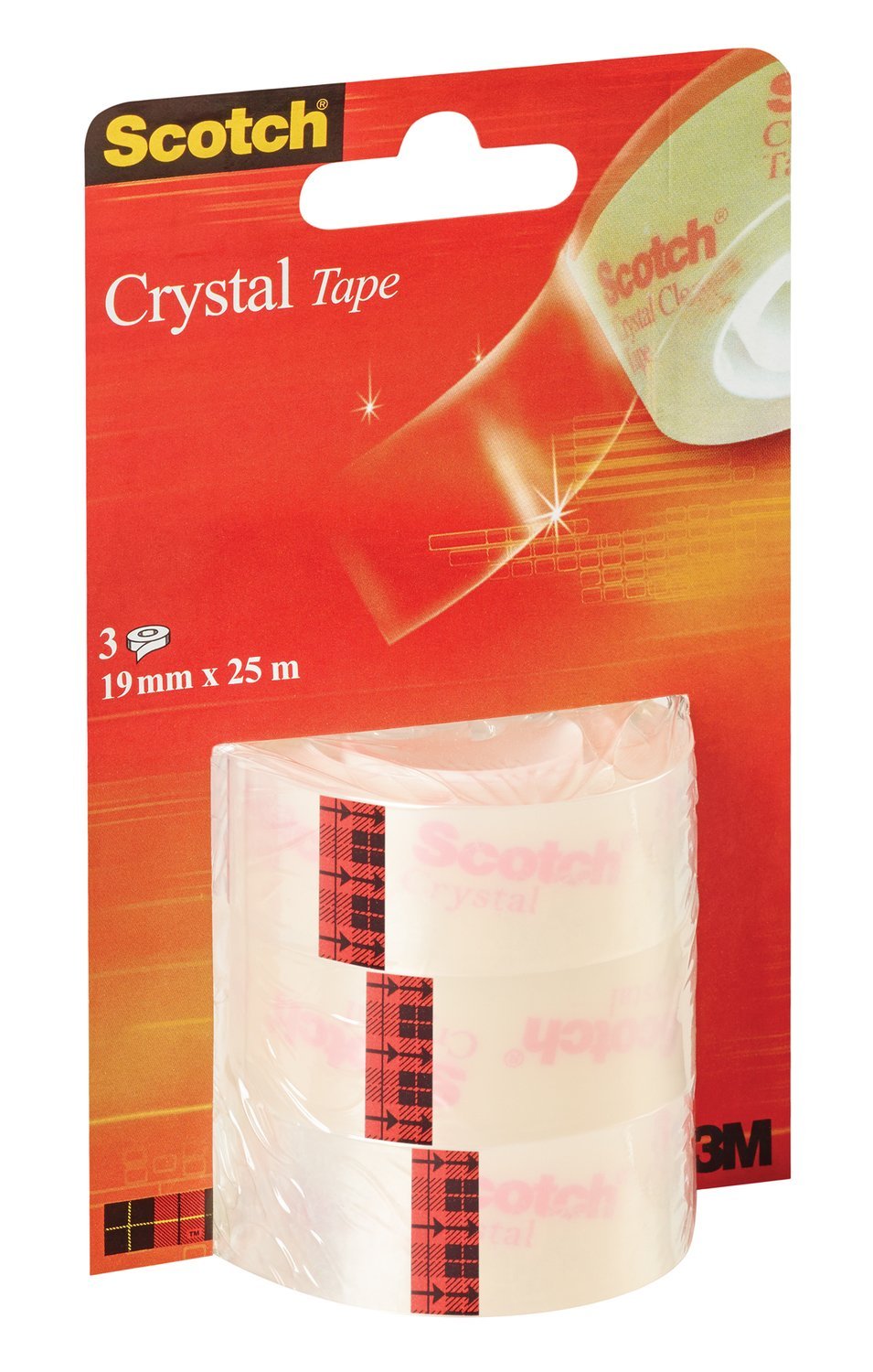 Scotch Crystal Tape, Refill Pack, 19 mm x25 m, 3 Rolls - Provides a Strong and Permanent Bond, Transparent, Standard