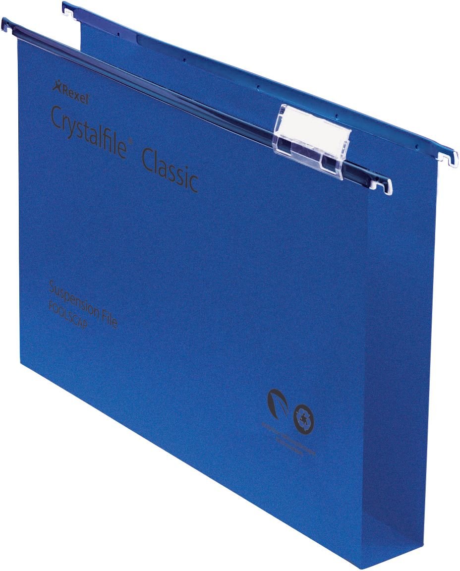 Rexel Foolscap Suspension Files with Tabs and Inserts for Filing Cabinets 30 mm base, 100 Percent Recycled Manilla, Blue
