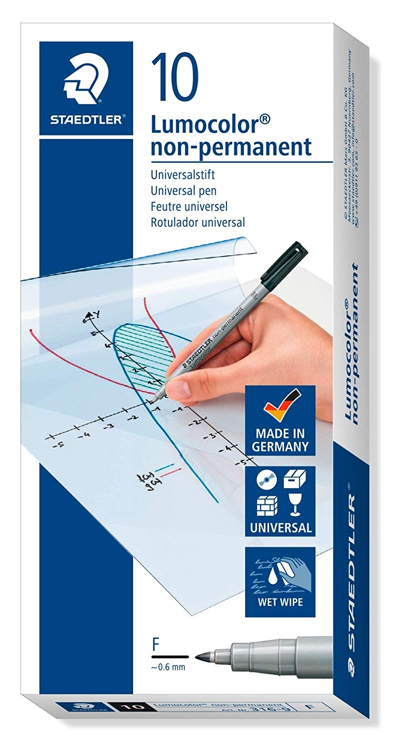 STAEDTLER 316-9 Lumocolor Non-Permanent Pen, Fine Line Width, 0.6mm - Black (Box of 10)