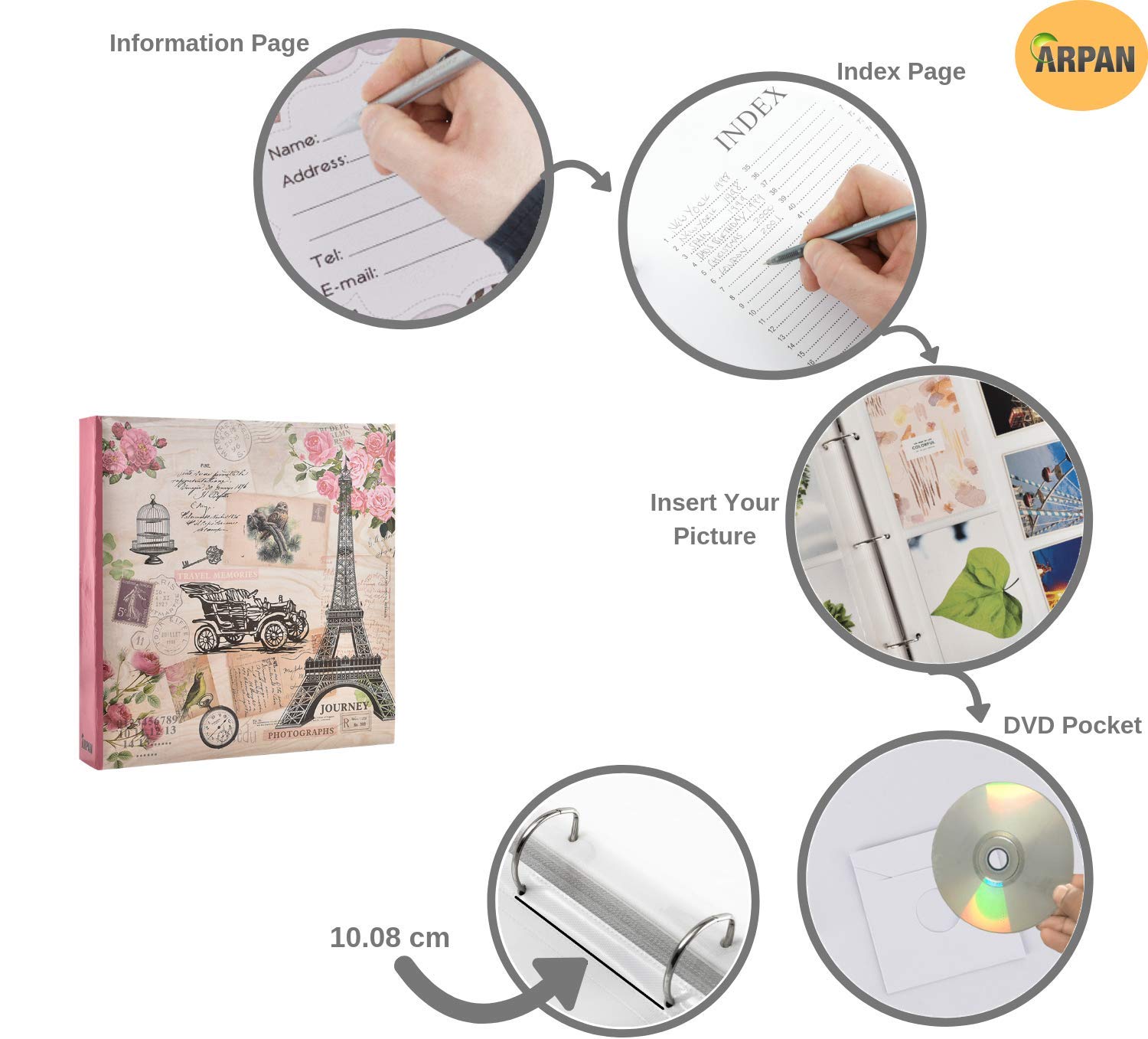Arpan Large Happy Memories Slip In Case RingBinder Photo Album Holds 500 Photos 6'' x 4'' - Vintage Owl, Pink, 34 x 4 x 33 cm - Image 2