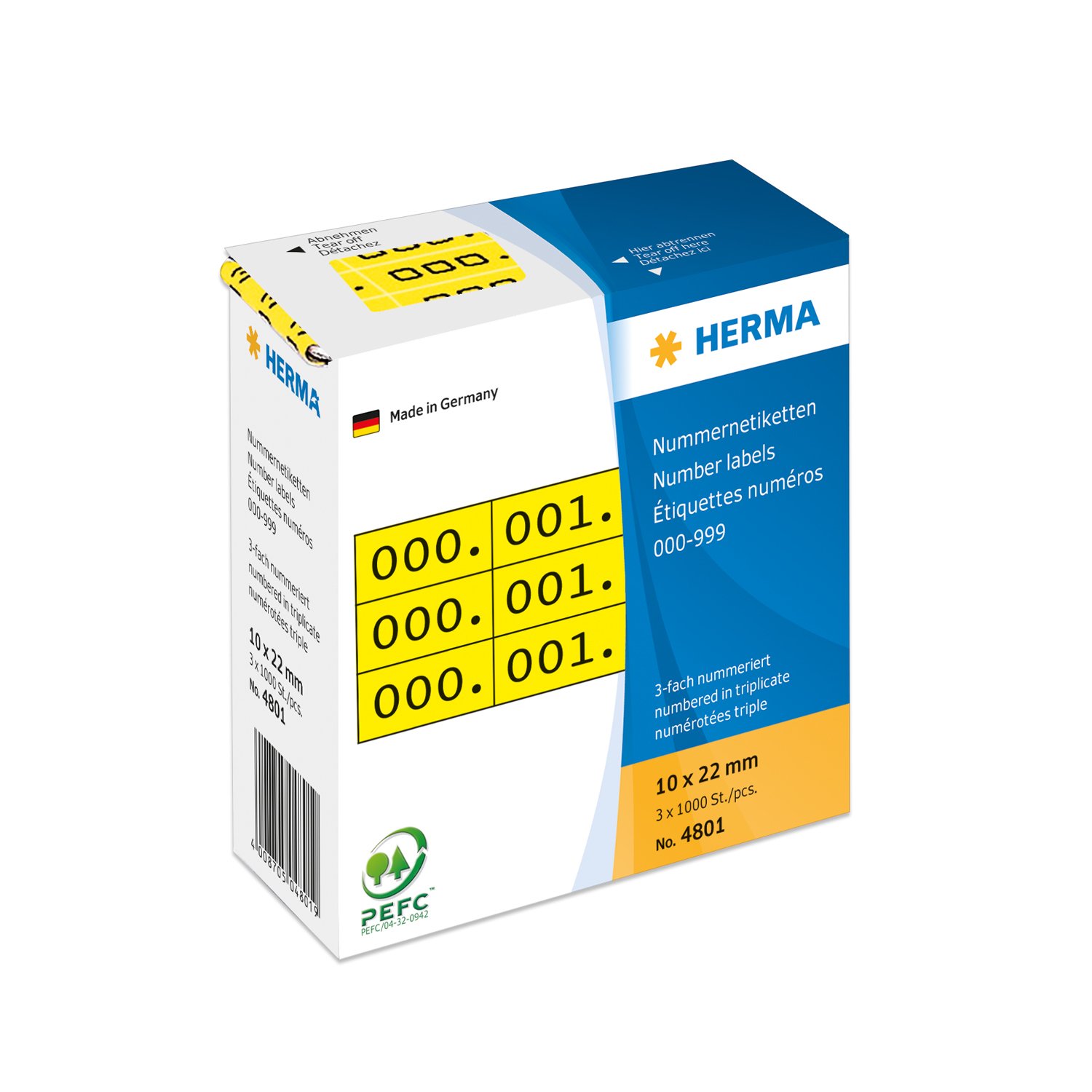 HERMA Number Labels 0-999, Triple, 3000 Pieces, 22 x 10 mm, Self-Adhesive, Matte, Triple Sequential Paper Number Labels