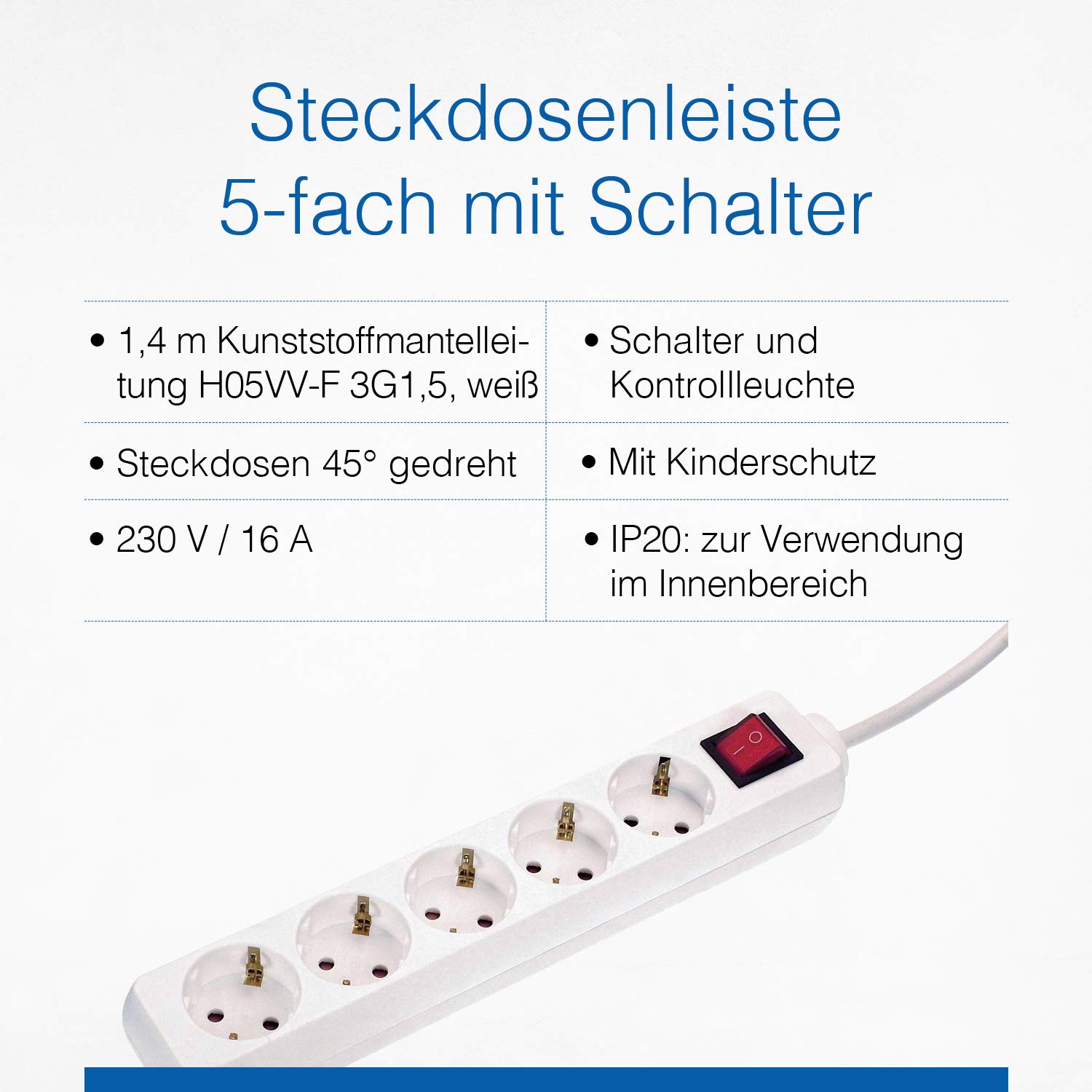as-Schwabe 35011 Power Strip 5 Sockets Type F with Switch and Child Safety Lock Inside and Cable H05VV-F 3G1.5 IP20 1.4 m, 35011 - Image 3