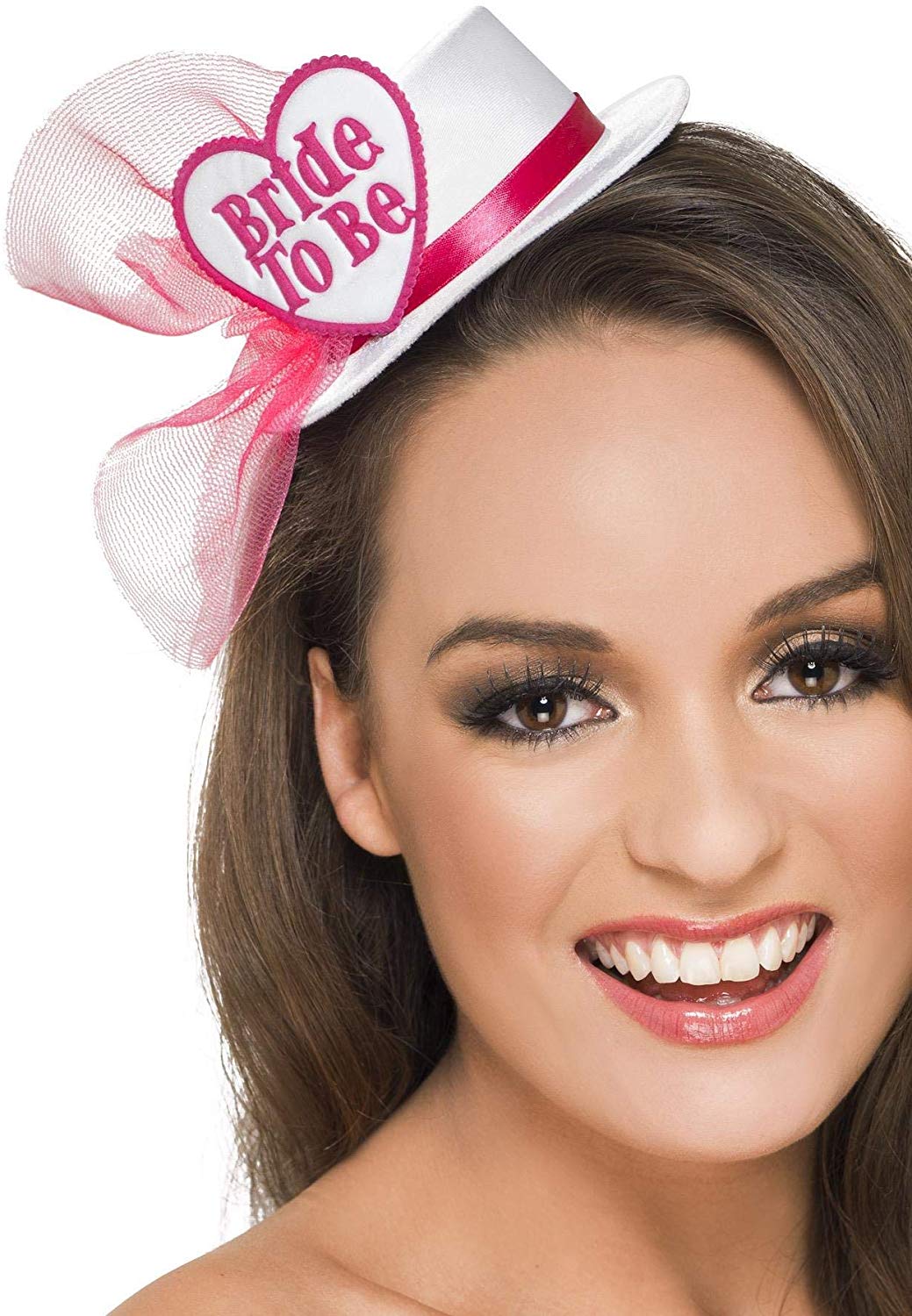 Smiffys Bride To Be Hat, White, with Hairclip and Veil, White/Pink