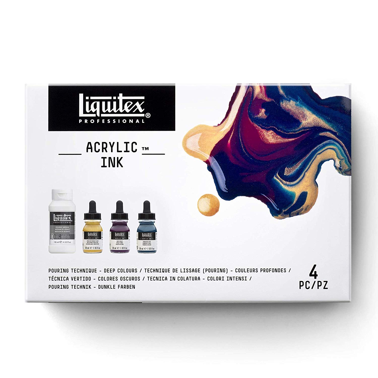 Liquitex Professional Acrylic Ink, Set of 3 x 30 ml Deep Colours and 1 x 118 ml Pouring Technique Medium