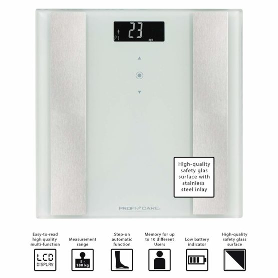 ProfiCare PC-PW 3007 FA 8-in-1 Electronic Glass Bathroom Scales with Stainless Steel Insert, Multifunctional LCD Display, Sensor Touch Operation - Image 3