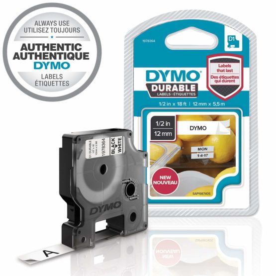 DYMO D1 Durable Labeling Tape for LabelManager Label Makers, Black Print on White Tape, 12 mm x 5.5 m, 1 Cartridge (1978364)