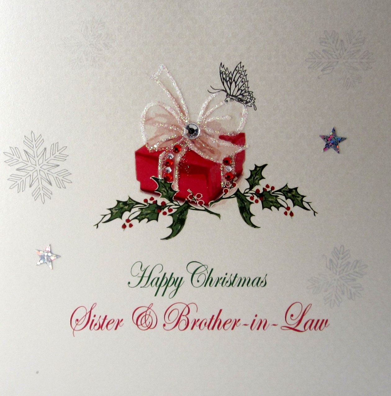 white cotton cards X117 Happy Christmas Sister and Brother In-Law Handmade Christmas Card with Present Design, White