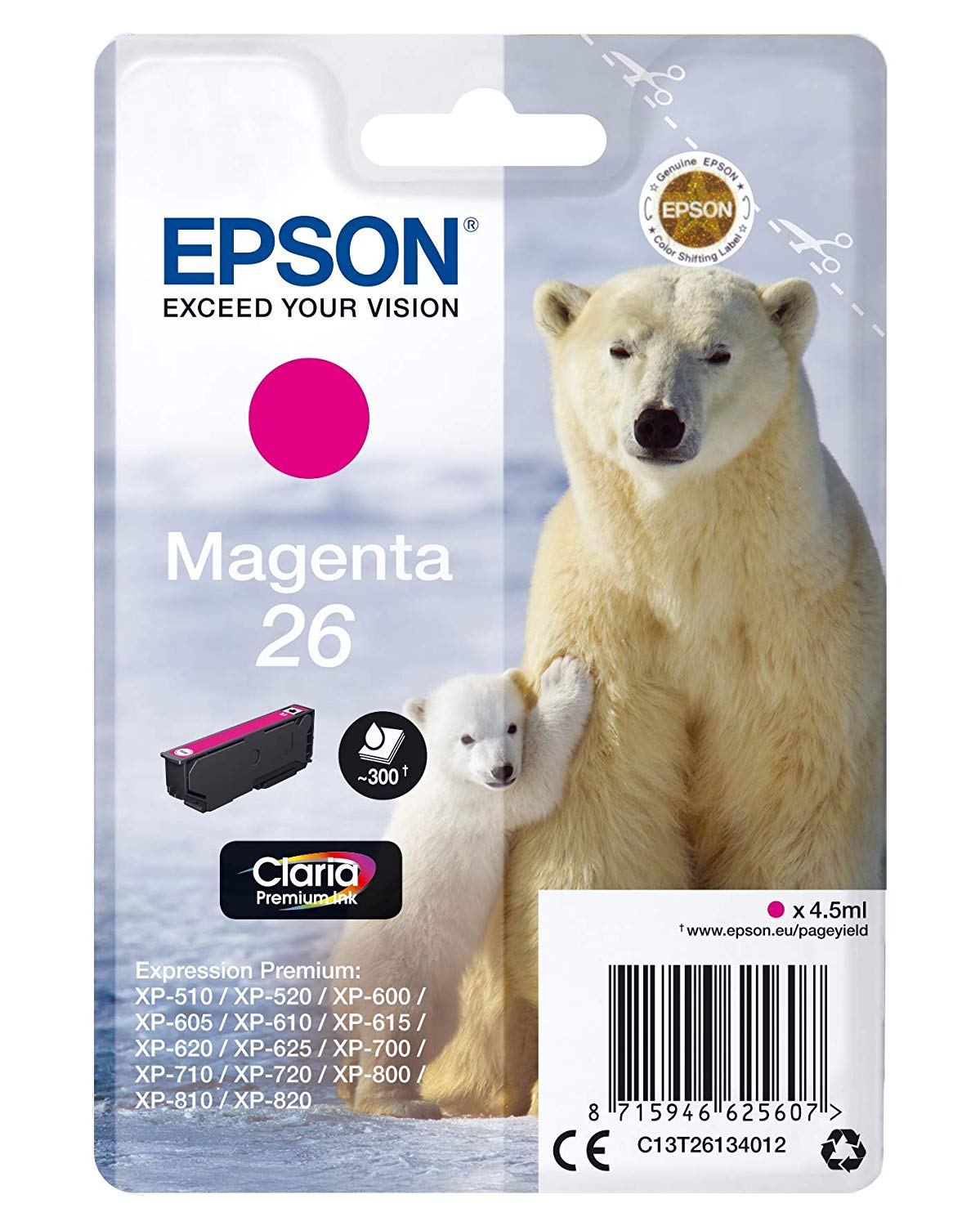 Epson 26 Polar Bear Magenta Genuine, Claria Premium Ink Cartridge, Standard Capacity
