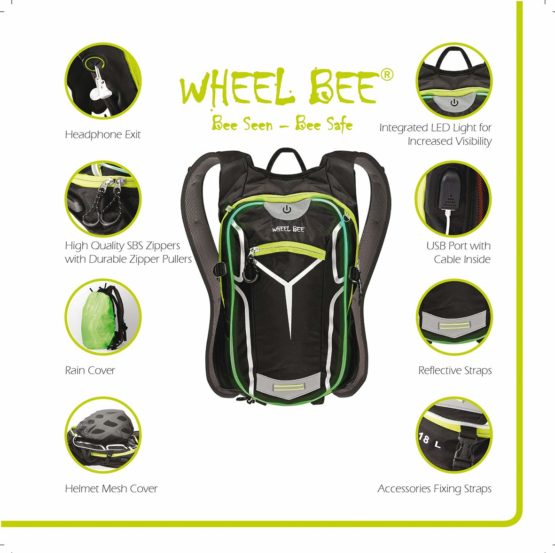 Wheel-Bee bike backpack Stelvio Black, with integrated LED light for maximum visibility and security, 18 ltr Capacity, various compartments, great carrying system, USB port, rain cover, 950019 - Image 2