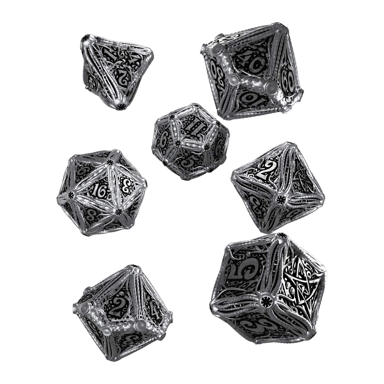 Q WORKSHOP Metal Call Of Cthulh Dice Set (7), Silver,black, d4, d6, d8, d10, d12, d20, d100