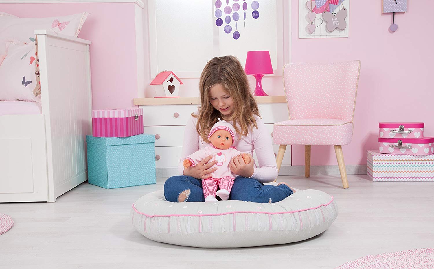 Bayer Design 93816AA Interactive baby doll, soft body, baby sounds, closing eyes, pacifier, bottle, 15 inch, pink with cupcake - Image 3