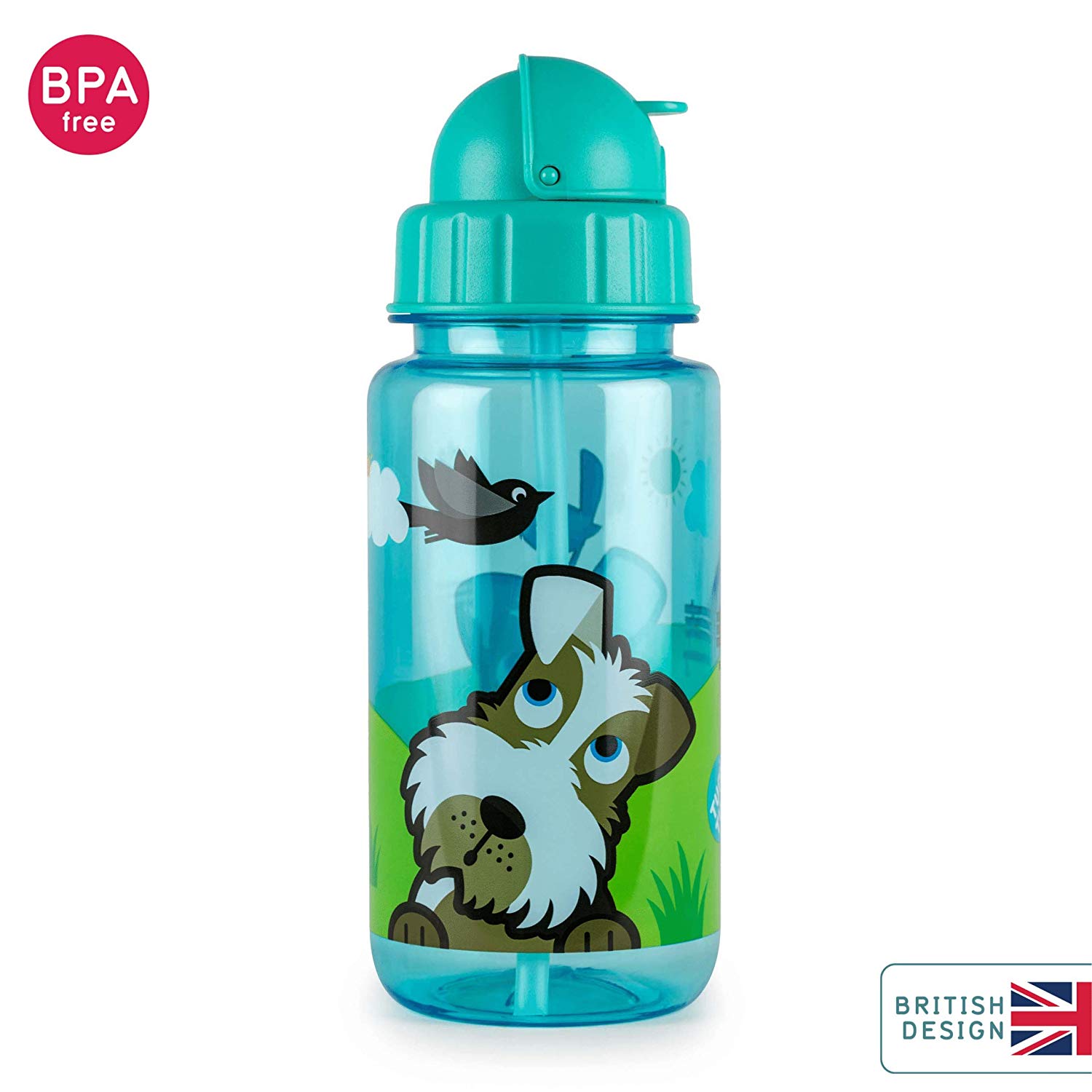 TUM TUM Flip Top Kids Water Bottle With Straw, Tritan Toddler Water Bottle, 400ml, BPA Free (Scruff the Dog)