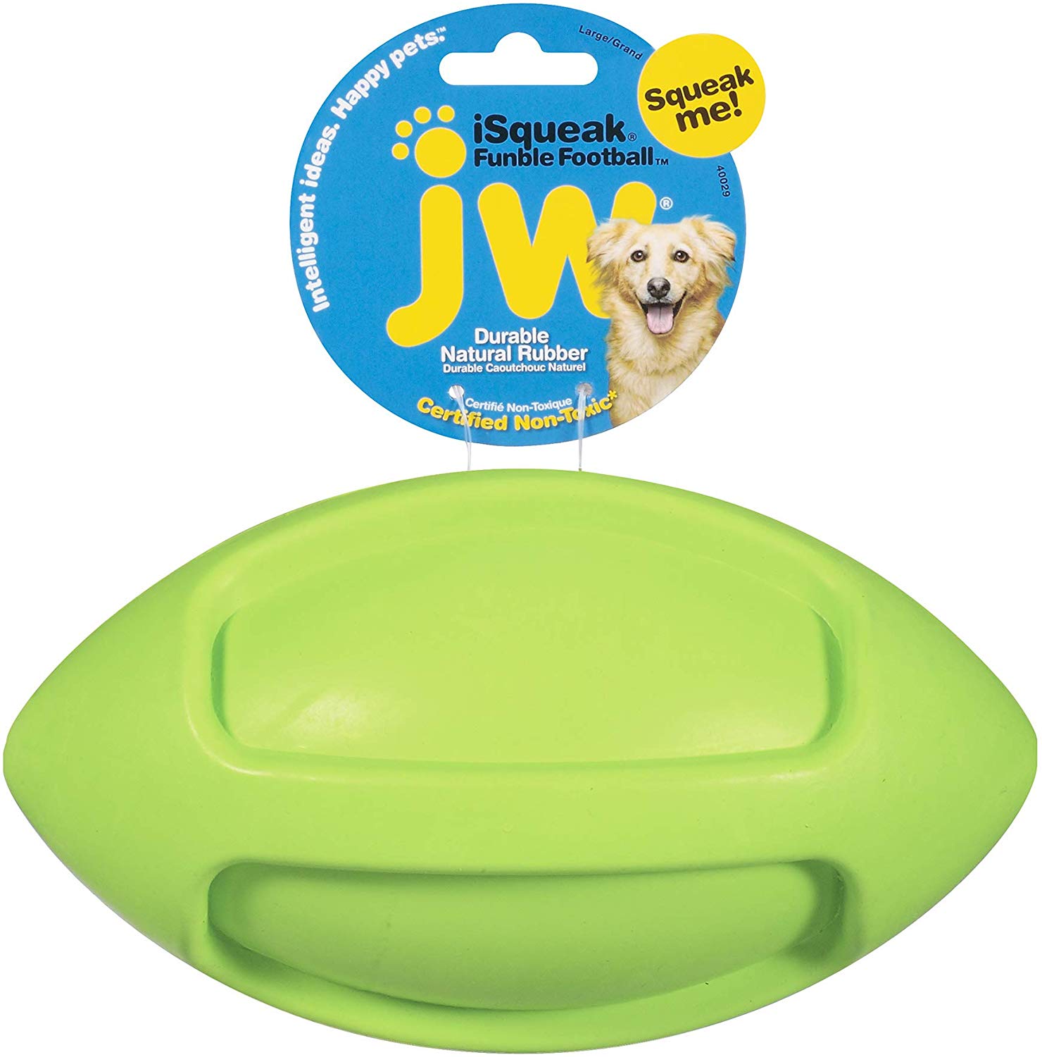 JW Isqueak Funble Football Large By Small Rugby Balloon Squealing Thick Rubber for Dogs L, multi-coloured