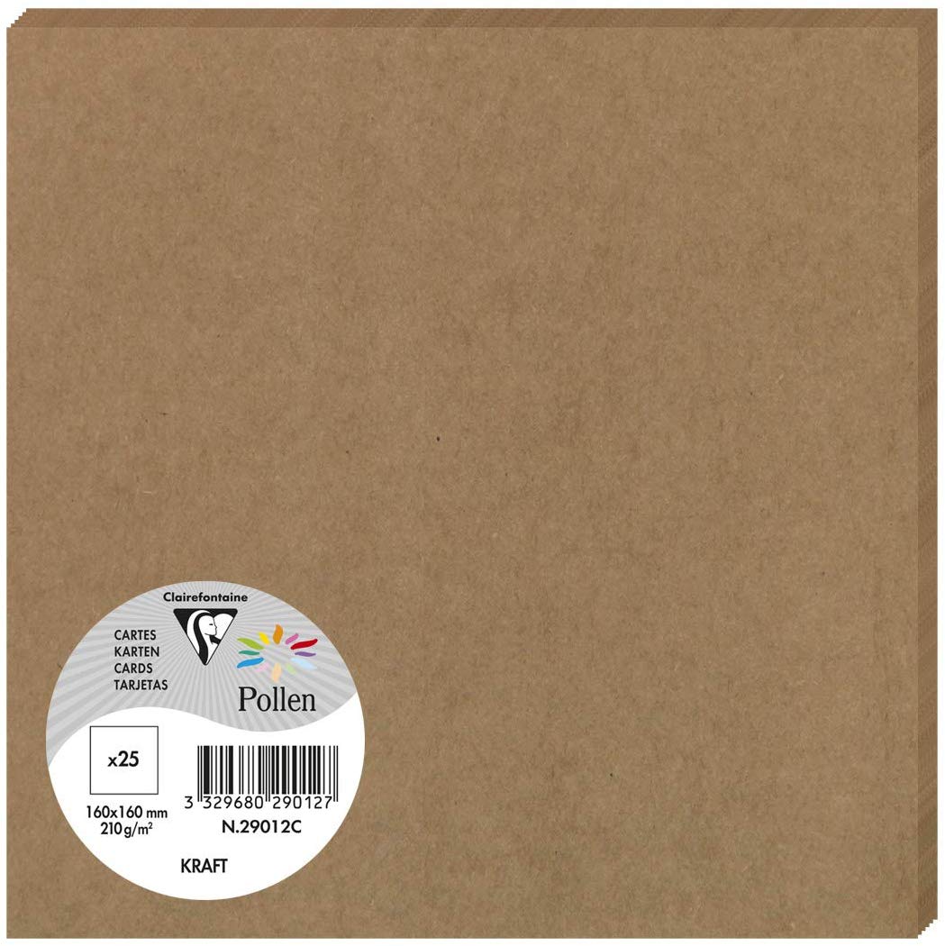 Clairefontaine 29012C Kraft Paper Pack of 25 Plain Cards Square (16x16cm) 210gsm Kraft Colour Invitation Events Correspondence Pollen Range Premium Paper
