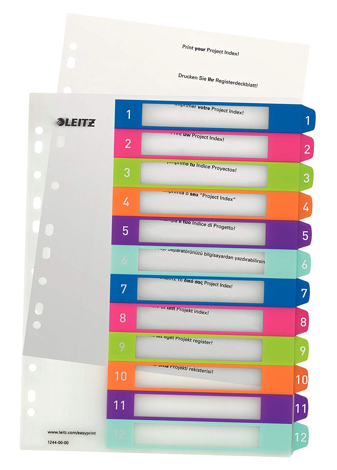 Leitz 12440000 A4 WOW 1-12 Index, PC-Printable, Extra Wide, Heavy Duty Plastic, White/Multicolour, Multicoloured, 1-12 Tabs