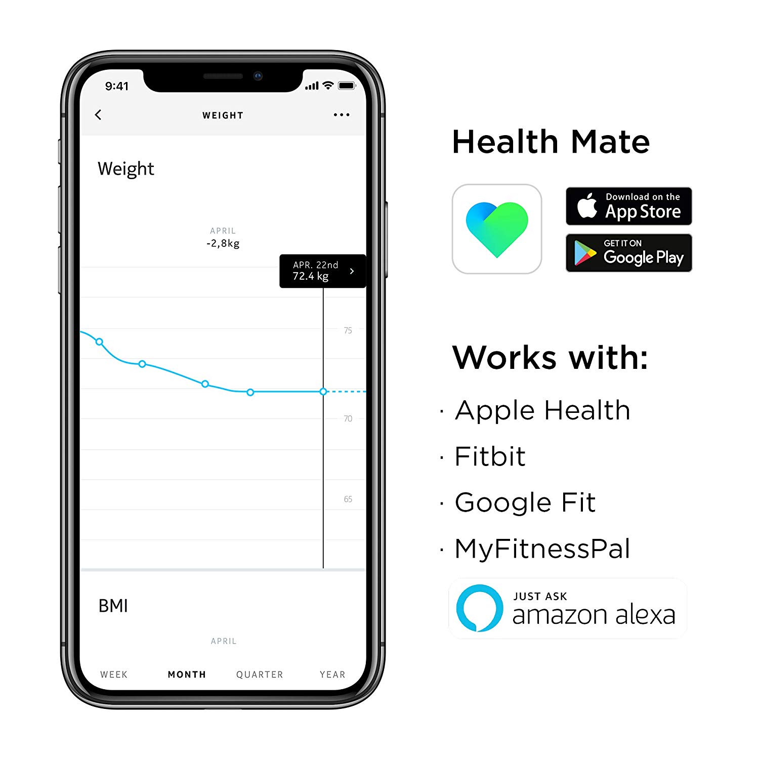 Withings Body - Wi-Fi Smart Scale Tracks BMI, Digital Weight Bathroom Scale, App Sync Via Bluetooth or Wi-Fi, Black - Image 2